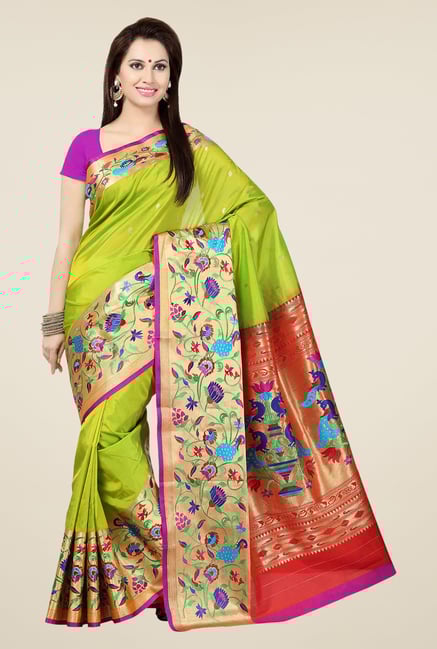 Ishin Green & Maroon Embroidered Poly Silk Saree Ishin Green & Maroon Embroidered Poly Silk Saree