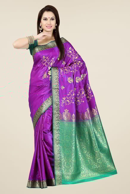 Ishin Purple & Green Embroidered Satin Saree Ishin Purple & Green Embroidered Satin Saree