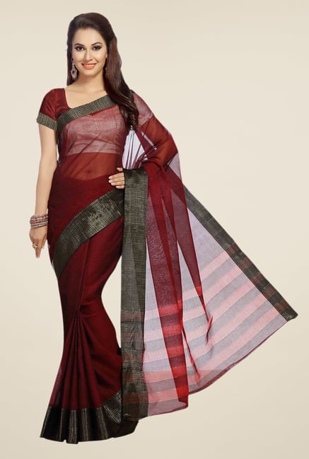 Ishin Maroon Solid Poly Cotton Free Size Saree Ishin Maroon Solid Poly Cotton Free Size Saree