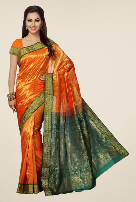 Ishin Orange & Green Printed Art Silk Saree Ishin Orange & Green Printed Art Silk Saree
