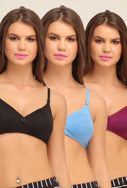 Clovia Black, Blue & Purple T Shirt Bra (Pack of 3) Clovia Black, Blue & Purple T Shirt Bra (Pack of 3)