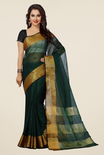 Ishin Green Solid Poly Cotton Free Size Saree Ishin Green Solid Poly Cotton Free Size Saree