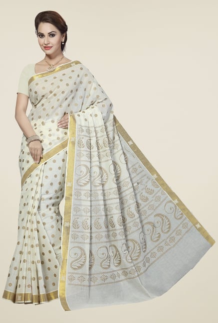 Ishin Off White Printed Poly Cotton Saree Ishin Off White Printed Poly Cotton Saree