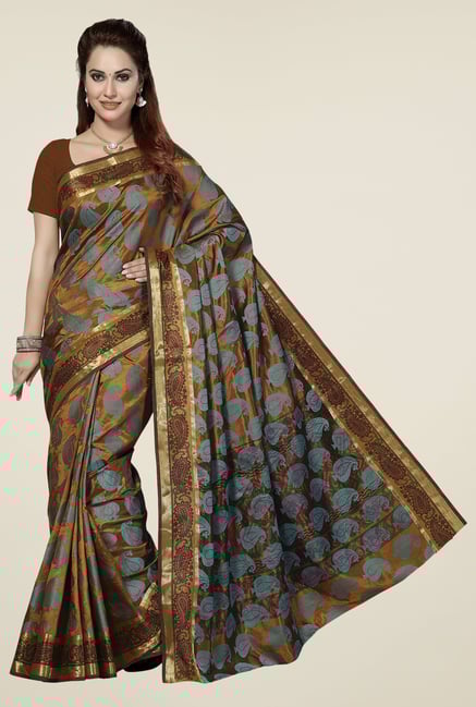 Ishin Brown & Blue Paisley Poly Silk Saree Ishin Brown & Blue Paisley Poly Silk Saree