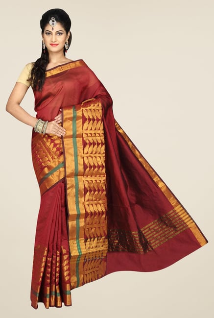 Pavecha's Maroon Banarasi Cotton Silk Solid Saree Pavecha's Maroon Banarasi Cotton Silk Solid Saree