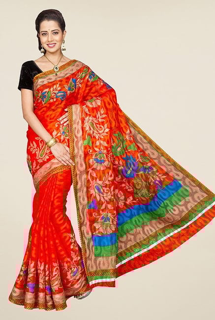 Pavecha's Orange Mangalagiri Brasso Net Fashion Saree Pavecha's Orange Mangalagiri Brasso Net Fashion Saree