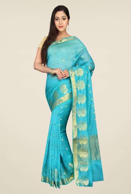 Pavecha's Sky Blue Banarasi Cotton Silk Self Design Saree Pavecha's Sky Blue Banarasi Cotton Silk Self Design Saree