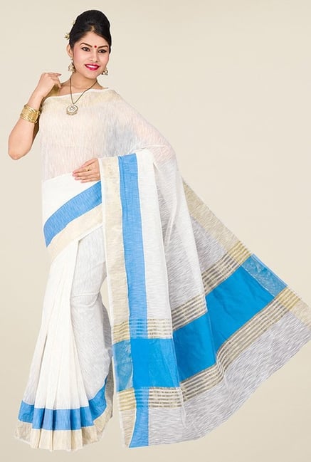 Pavecha's White & Blue Banarasi Cotton Silk Saree Pavecha's White & Blue Banarasi Cotton Silk Saree