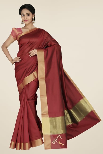 Pavecha's Maroon Banarasi Cotton Silk Solid Saree Pavecha's Maroon Banarasi Cotton Silk Solid Saree