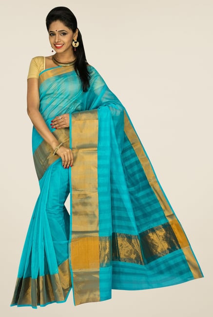 Pavecha's Turquoise Banarasi Cotton Silk Saree Pavecha's Turquoise Banarasi Cotton Silk Saree