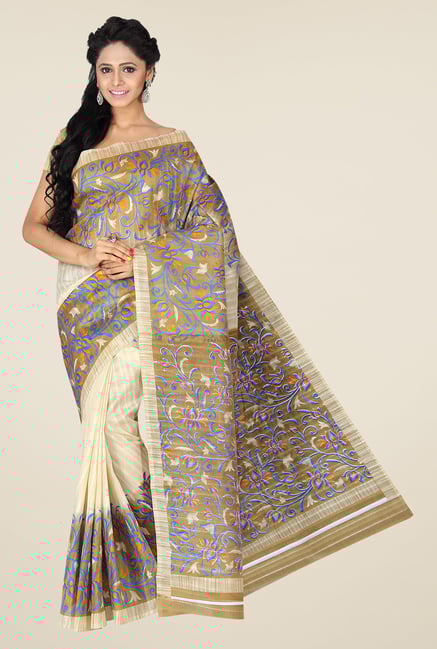 Pavecha's Beige & Blue Mangalagiri Jute Saree Pavecha's Beige & Blue Mangalagiri Jute Saree
