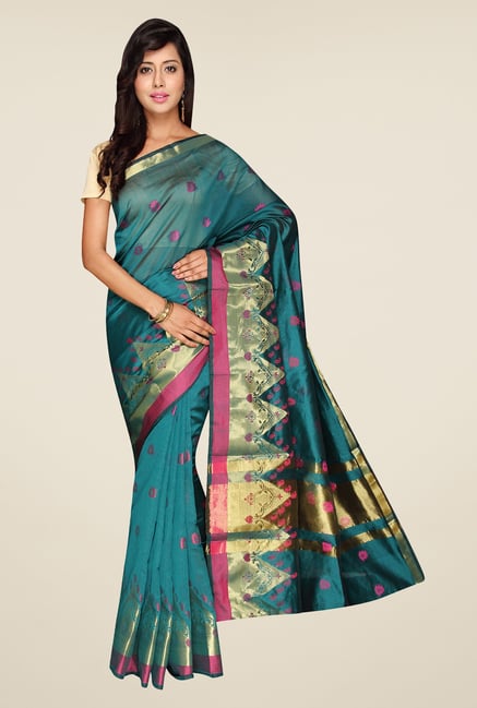 Pavecha's Teal Banarasi Cotton Silk Saree Pavecha's Teal Banarasi Cotton Silk Saree