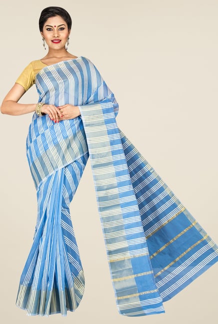 Pavecha's Blue Banarasi Cotton Silk Stripes Saree Pavecha's Blue Banarasi Cotton Silk Stripes Saree