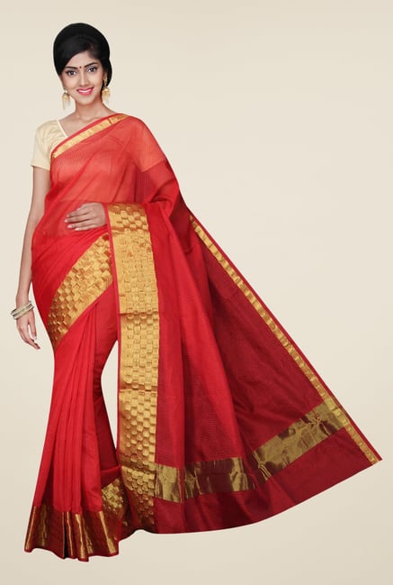 Pavecha's Red Banarasi Cotton Silk Solid Saree Pavecha's Red Banarasi Cotton Silk Solid Saree