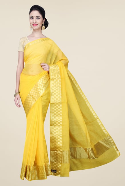 Pavecha's Yellow Banarasi Cotton Silk Solid Saree Pavecha's Yellow Banarasi Cotton Silk Solid Saree