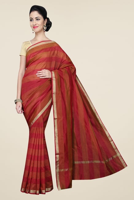 Pavecha's Orange Banarasi Cotton Silk Striped Saree Pavecha's Orange Banarasi Cotton Silk Striped Saree