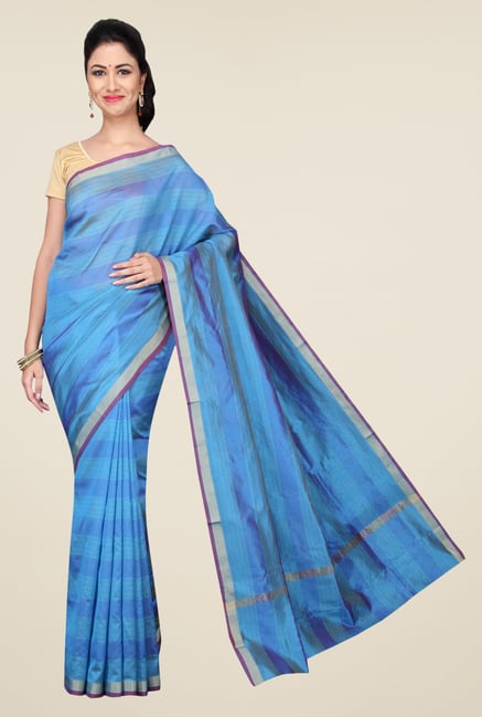 Pavecha's Blue Banarasi Cotton Silk Striped Saree Pavecha's Blue Banarasi Cotton Silk Striped Saree