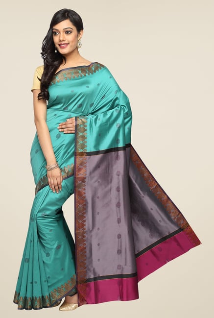 Pavecha's Teal Banarasi Cotton Silk Zari Printed Saree Pavecha's Teal Banarasi Cotton Silk Zari Printed Saree