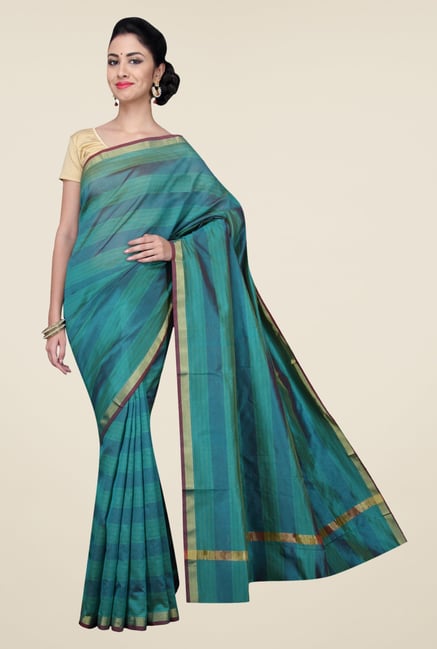 Pavecha's Green Banarasi Cotton Silk Striped Saree Pavecha's Green Banarasi Cotton Silk Striped Saree