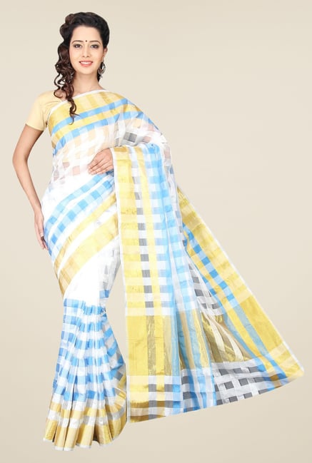 Pavecha's White & Blue Banarasi Cotton Silk Saree Pavecha's White & Blue Banarasi Cotton Silk Saree