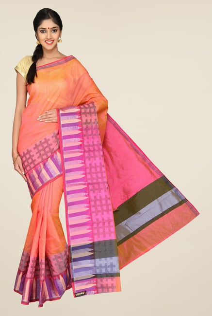 Pavecha's Orange & Pink Banarasi Cotton Silk Saree Pavecha's Orange & Pink Banarasi Cotton Silk Saree