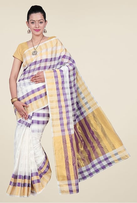 Pavecha's White & Purple Banarasi Cotton Silk Saree Pavecha's White & Purple Banarasi Cotton Silk Saree