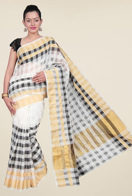 Pavecha's White & Black Banarasi Cotton Silk Saree Pavecha's White & Black Banarasi Cotton Silk Saree