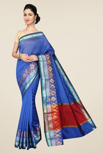Pavecha's Dark Blue Banarasi Cotton Silk Solid Saree Pavecha's Dark Blue Banarasi Cotton Silk Solid Saree