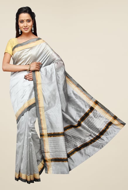 Pavecha's Grey Banarasi Cotton Silk Solid Zari Saree Pavecha's Grey Banarasi Cotton Silk Solid Zari Saree