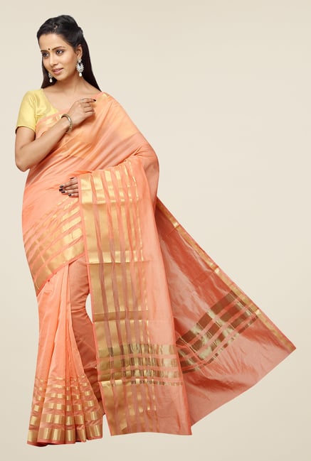 Pavecha's Peach Banarasi Cotton Silk Zari Saree Pavecha's Peach Banarasi Cotton Silk Zari Saree