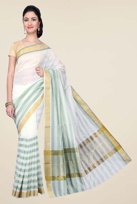Pavecha's White & Green Banarasi Cotton Silk Saree Pavecha's White & Green Banarasi Cotton Silk Saree
