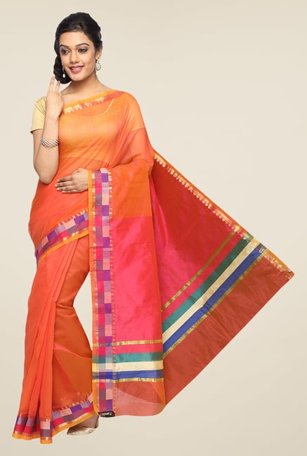 Pavecha's Orange Banarasi Cotton Silk Zari Solid Saree Pavecha's Orange Banarasi Cotton Silk Zari Solid Saree