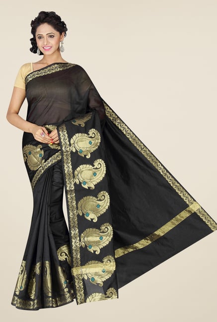 Pavecha's Black Banarasi Cotton Silk Paisley Print Saree Pavecha's Black Banarasi Cotton Silk Paisley Print Saree