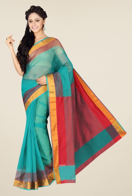 Pavecha's Teal Banarasi Cotton Silk Checks Zari Saree Pavecha's Teal Banarasi Cotton Silk Checks Zari Saree
