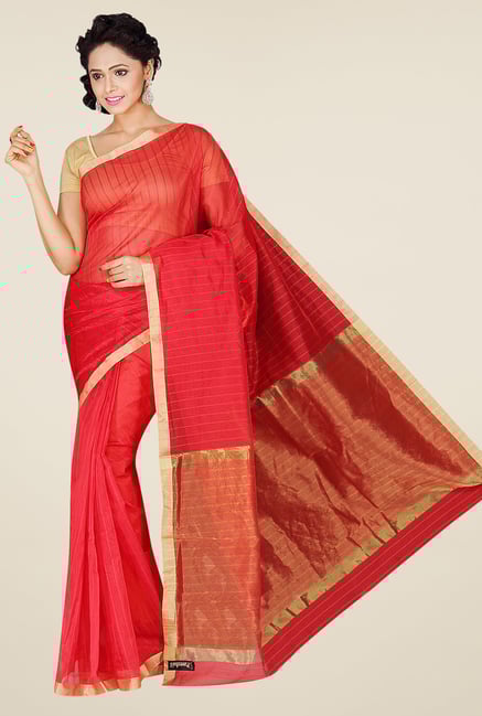 Pavecha's Red Banarasi Cotton Silk Striped Saree Pavecha's Red Banarasi Cotton Silk Striped Saree