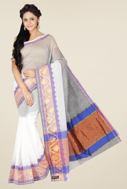 Pavecha's White & Grey Banarasi Cotton Silk Saree Pavecha's White & Grey Banarasi Cotton Silk Saree