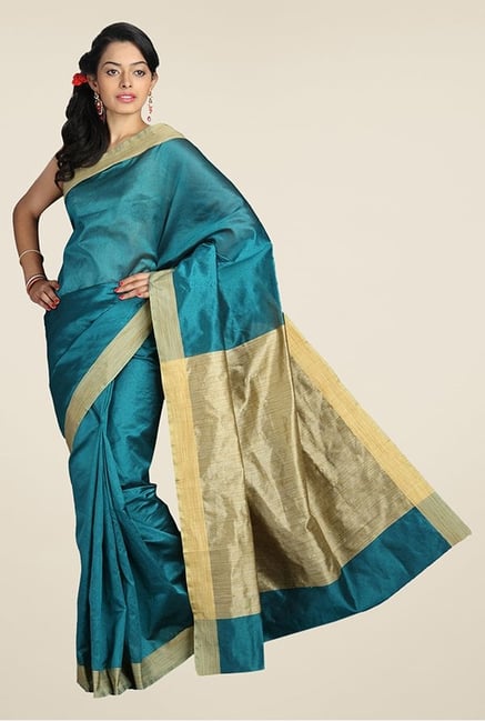 Pavecha's Teal & Beige Banarasi Cotton Silk Saree Pavecha's Teal & Beige Banarasi Cotton Silk Saree