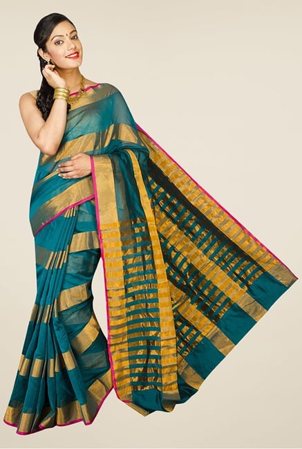 Pavecha's Teal & Gold Banarasi Cotton Silk Saree Pavecha's Teal & Gold Banarasi Cotton Silk Saree