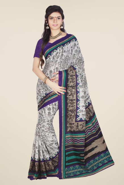 Ishin Off White & Purple Faux Crepe Printed Saree Ishin Off White & Purple Faux Crepe Printed Saree