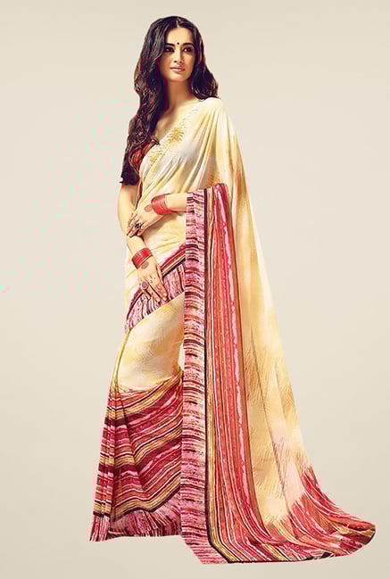 Ishin Beige & Red Faux Georgette Printed Saree Ishin Beige & Red Faux Georgette Printed Saree