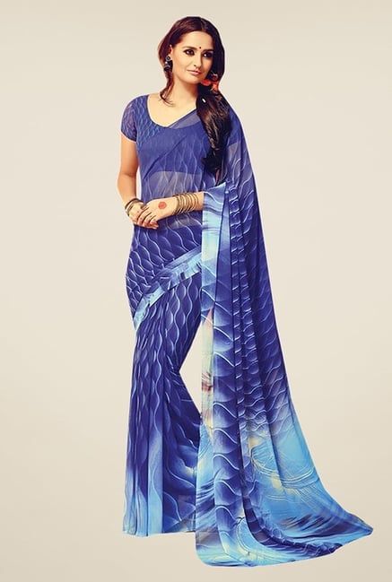 Ishin Blue Faux Georgette Printed Free Size Saree Ishin Blue Faux Georgette Printed Free Size Saree