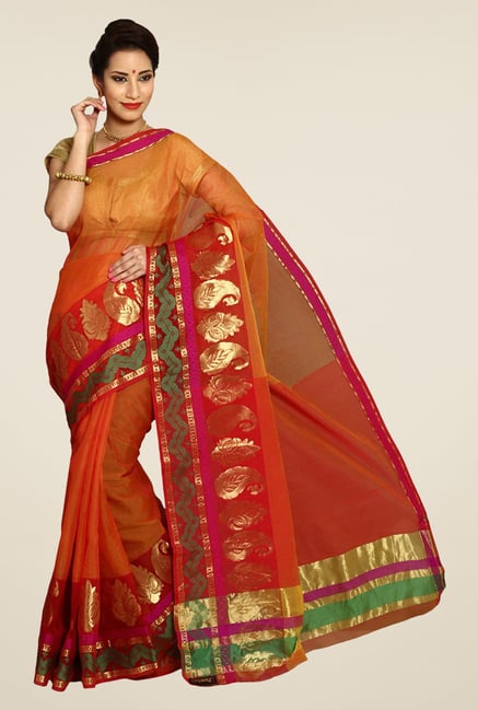 Pavecha's Orange Banarasi Cotton Silk Saree Pavecha's Orange Banarasi Cotton Silk Saree