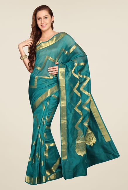Pavecha's Teal Banarasi Self Design Cotton Silk Saree Pavecha's Teal Banarasi Self Design Cotton Silk Saree