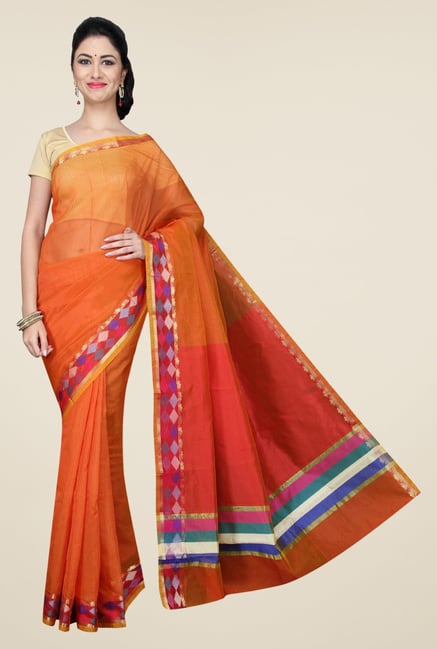 Pavecha's Orange Banarasi Cotton Silk Solid Saree Pavecha's Orange Banarasi Cotton Silk Solid Saree