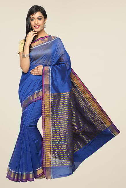 Pavecha's Blue Banarasi Cotton Silk Zari Solid Saree Pavecha's Blue Banarasi Cotton Silk Zari Solid Saree