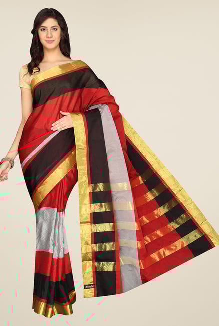 Pavecha's Red & Grey Banarasi Silk Cotton Blend Saree Pavecha's Red & Grey Banarasi Silk Cotton Blend Saree