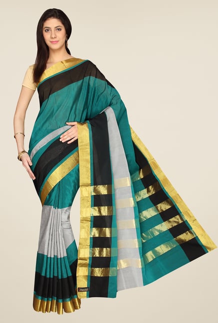 Pavecha's Teal & Grey Banarasi Silk Cotton Blend Saree Pavecha's Teal & Grey Banarasi Silk Cotton Blend Saree
