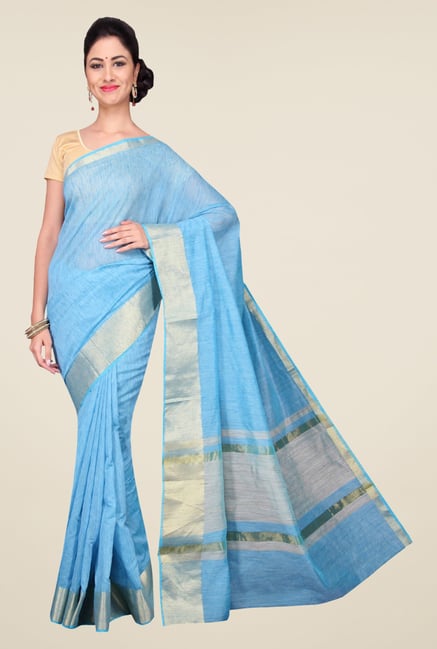 Pavecha's Light Blue Banarasi Cotton Silk Solid Saree Pavecha's Light Blue Banarasi Cotton Silk Solid Saree