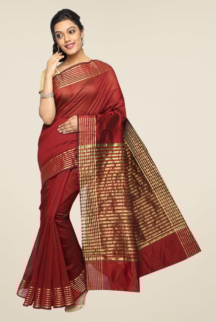 Pavecha's Maroon Banarasi Cotton Silk Zari Solid Saree Pavecha's Maroon Banarasi Cotton Silk Zari Solid Saree