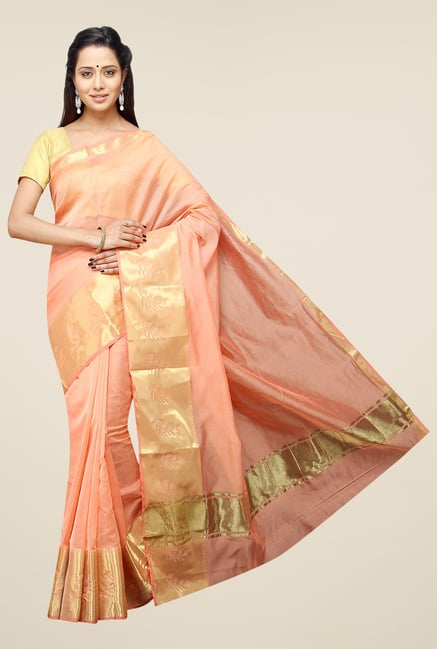Pavecha's Peach Banarasi Cotton Silk Zari Saree Pavecha's Peach Banarasi Cotton Silk Zari Saree
